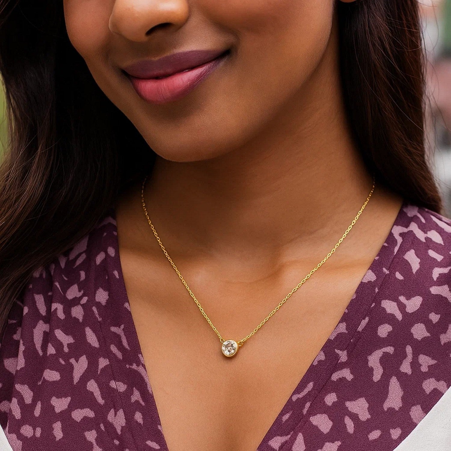 14k Yellow Gold 17 inch Necklace with Round White Topaz - Orvayla