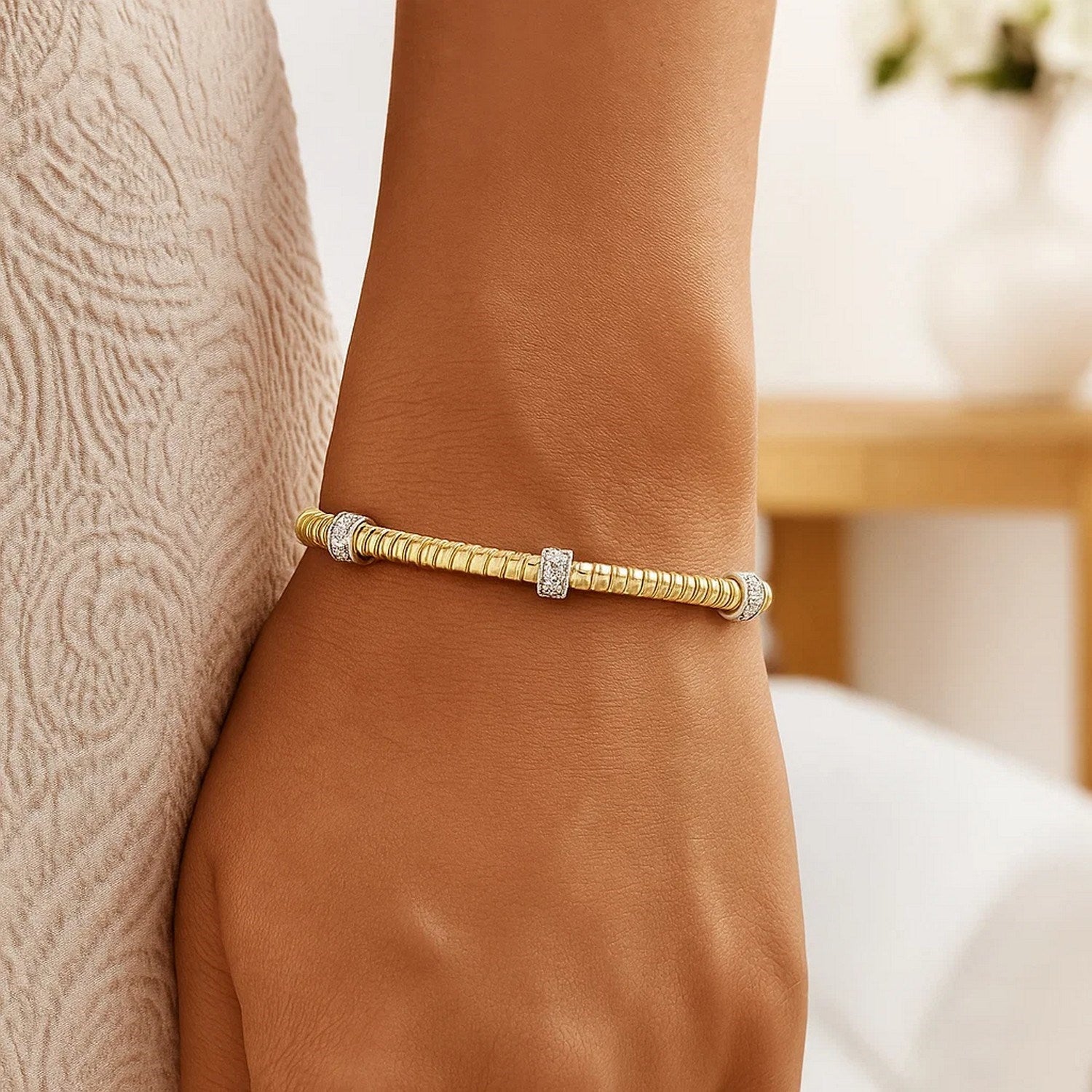 14K Yellow Gold Diamond Triple Station Tubogas Cuff - Orvayla