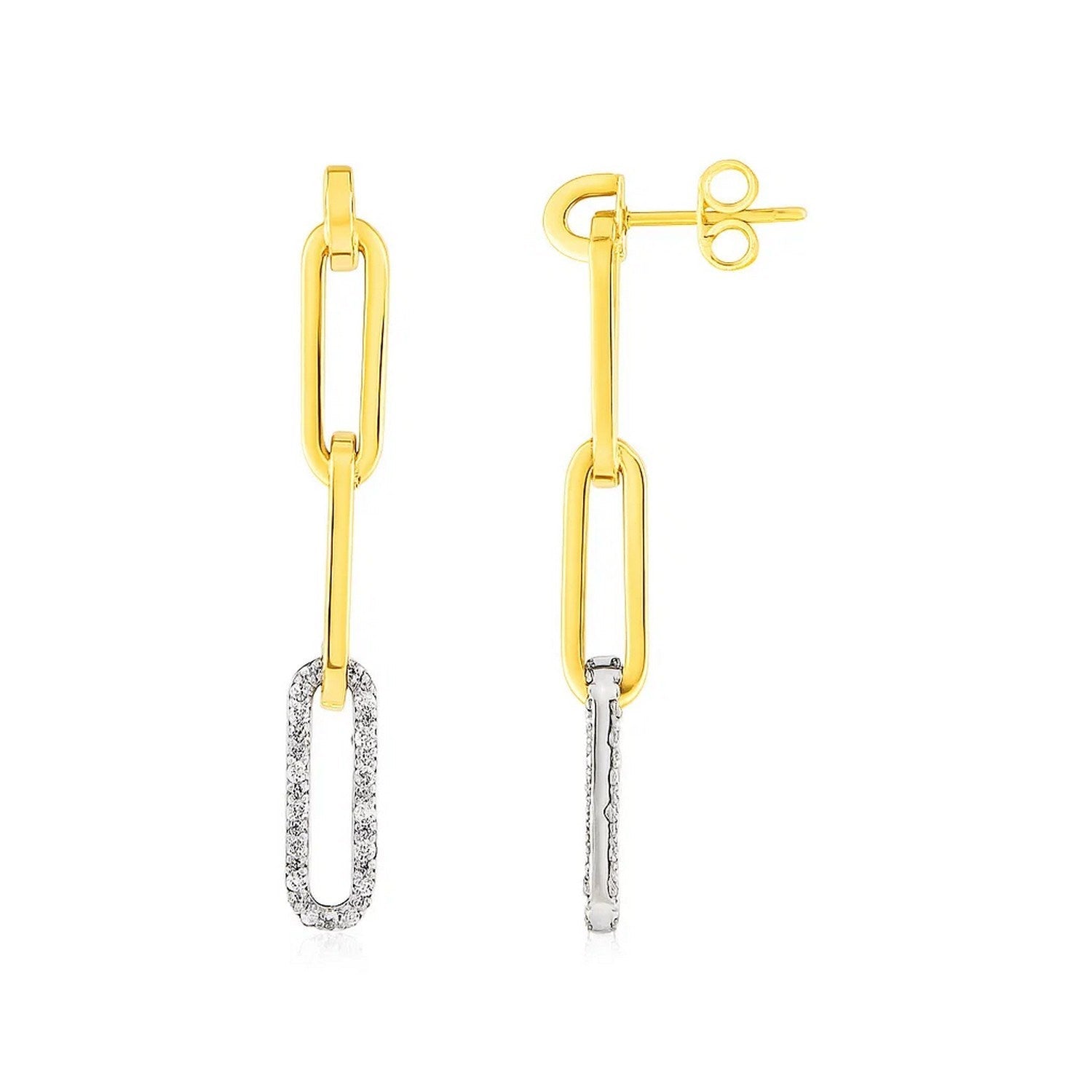 14k Yellow Gold Paperclip Chain Dangle Earrings with Diamonds - Orvayla