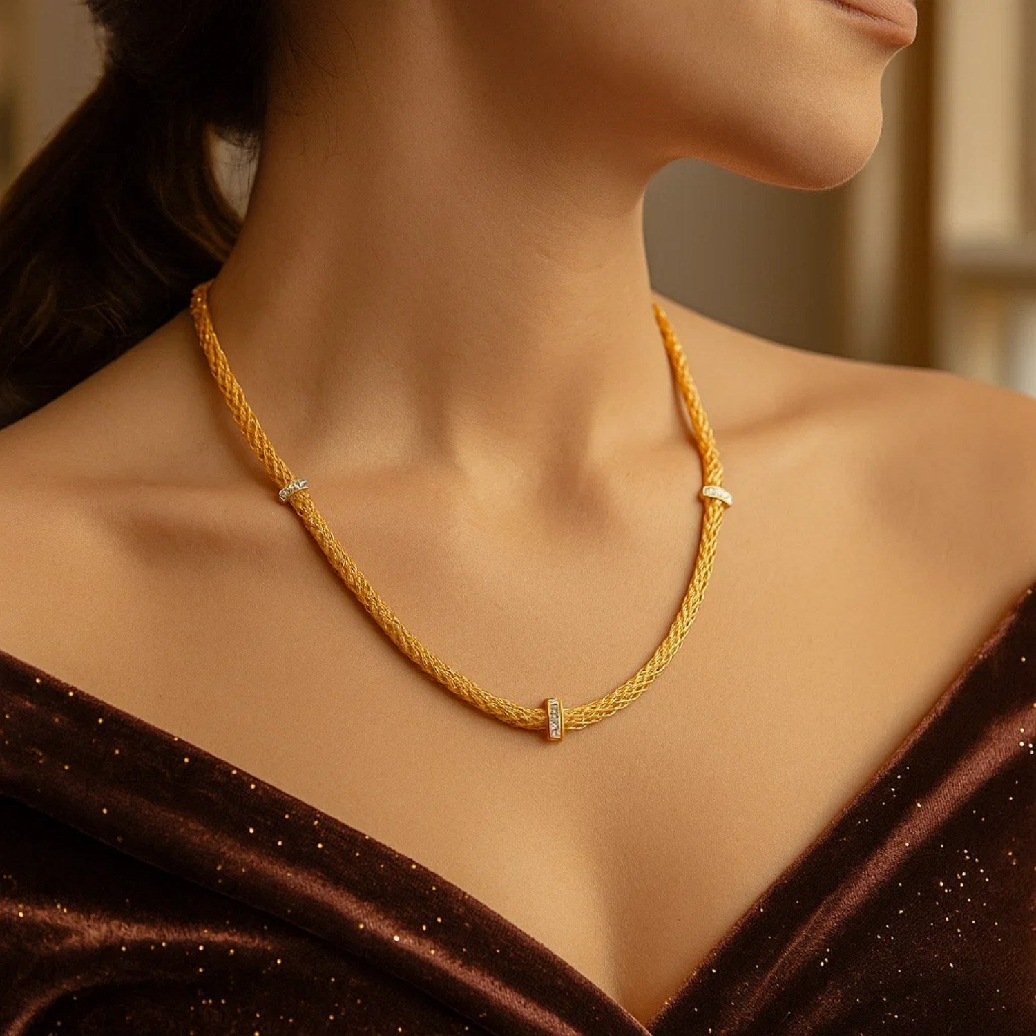 Woven Rope Necklace with Diamond Accents in 14k Yellow Gold - Orvayla