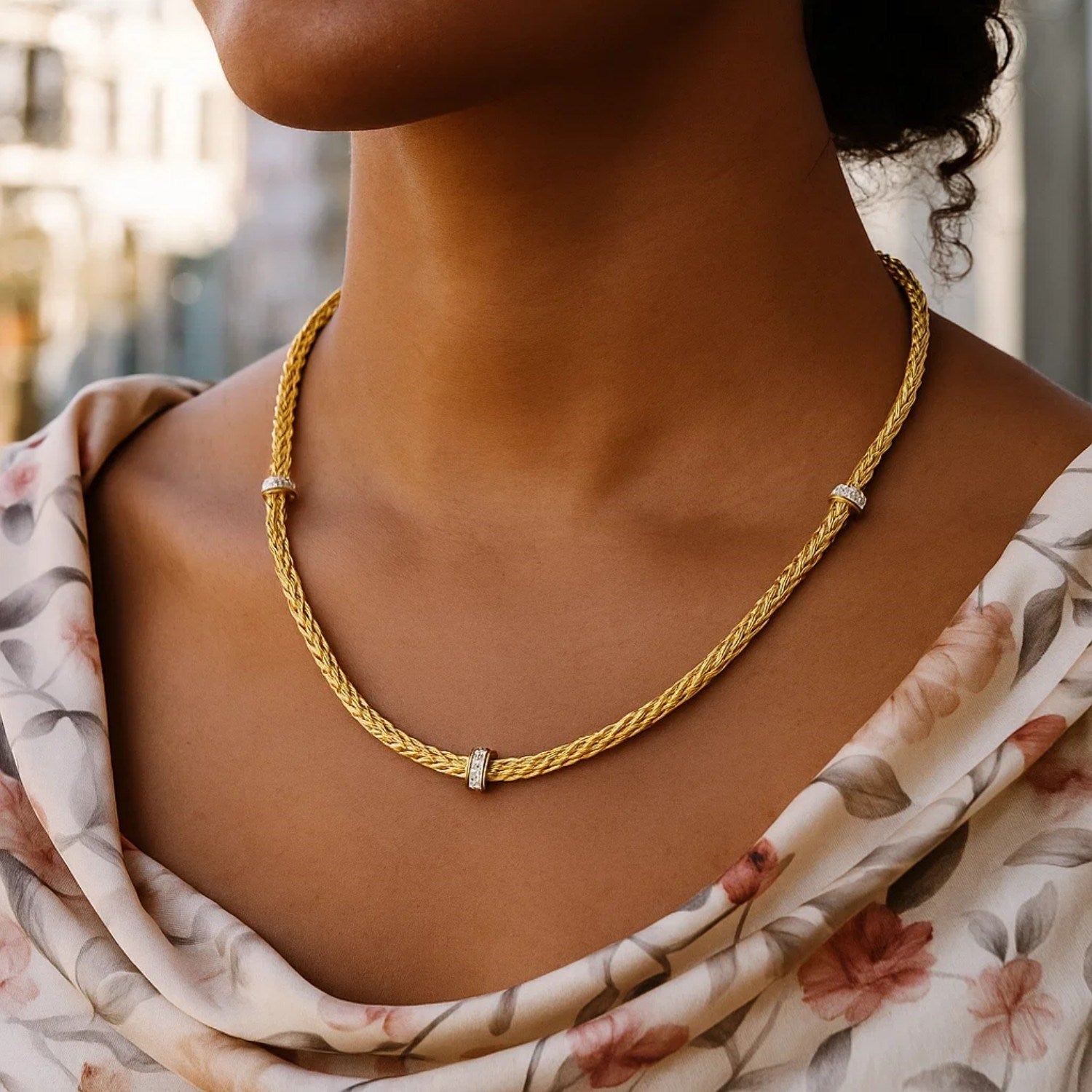 Woven Rope Necklace with Diamond Accents in 14k Yellow Gold - Orvayla