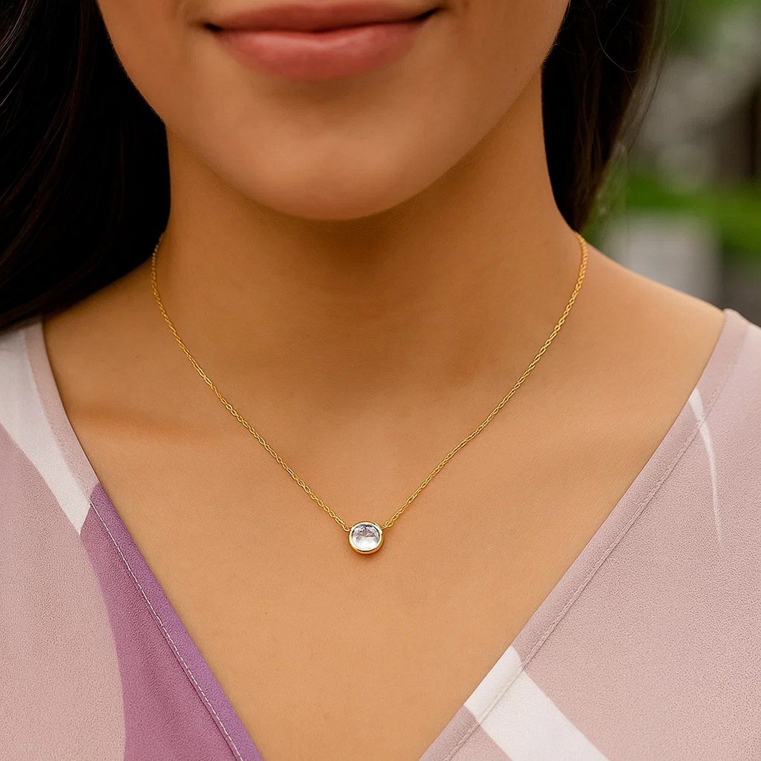 14k Yellow Gold 17 inch Necklace with Round White Topaz - Orvayla
