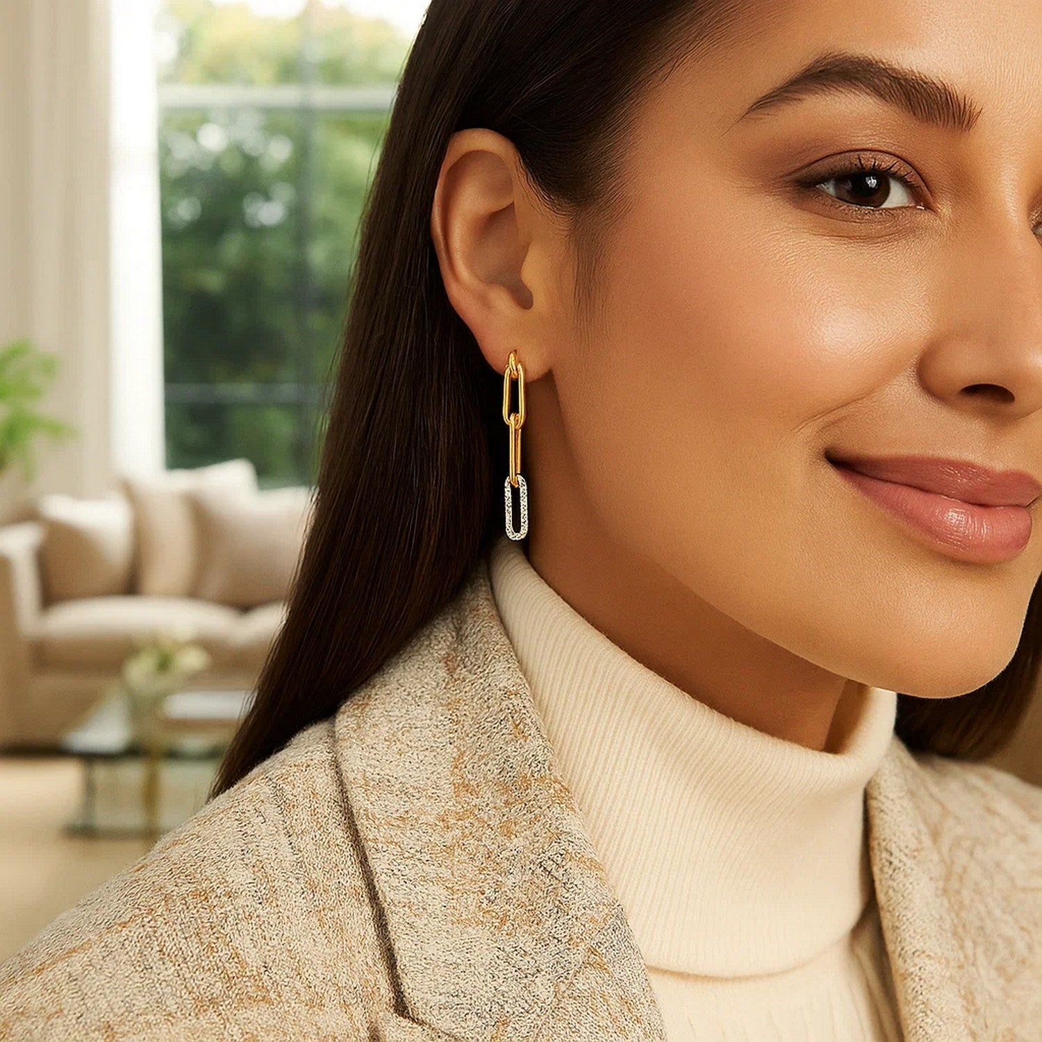 14k Yellow Gold Paperclip Chain Dangle Earrings with Diamonds - Orvayla