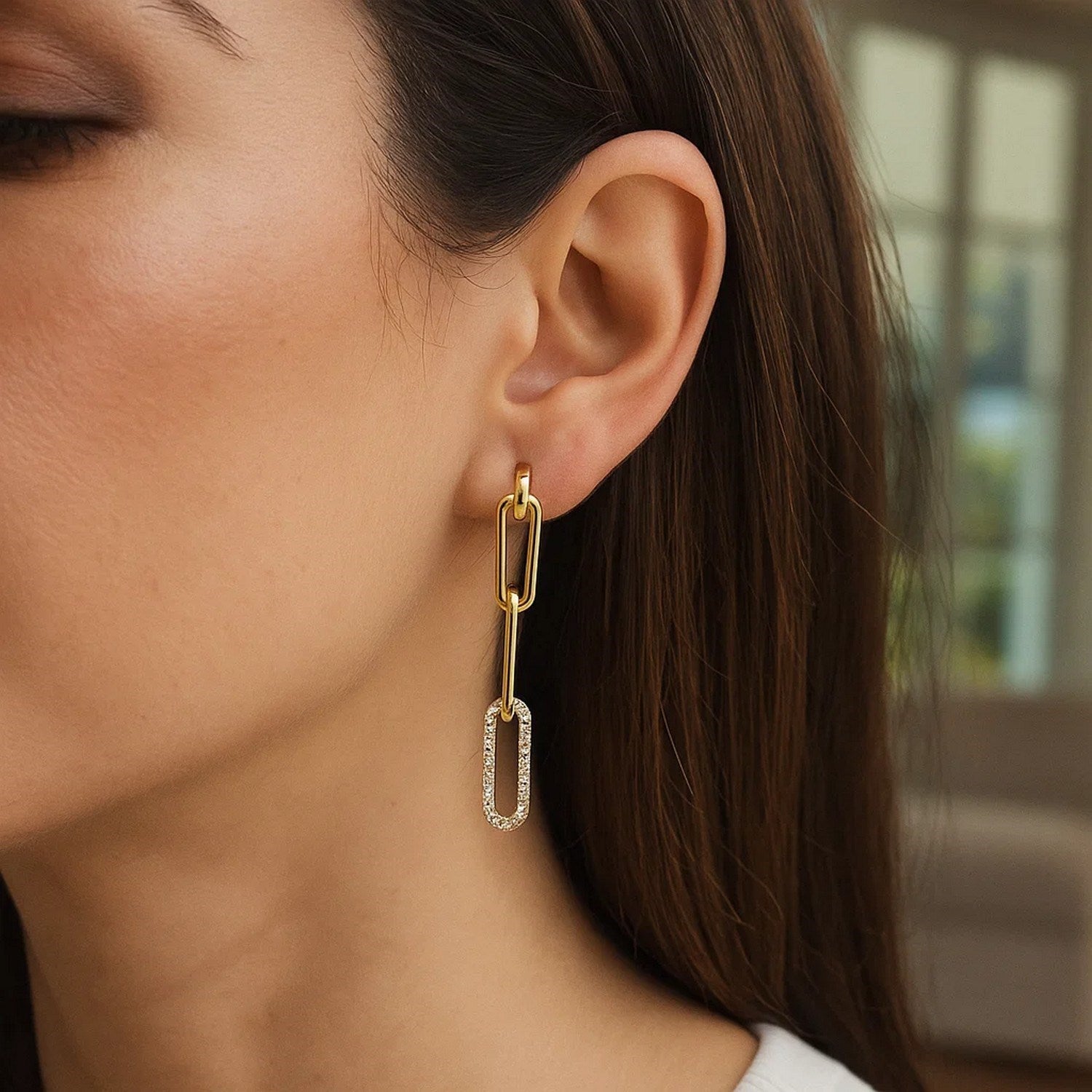 14k Yellow Gold Paperclip Chain Dangle Earrings with Diamonds - Orvayla