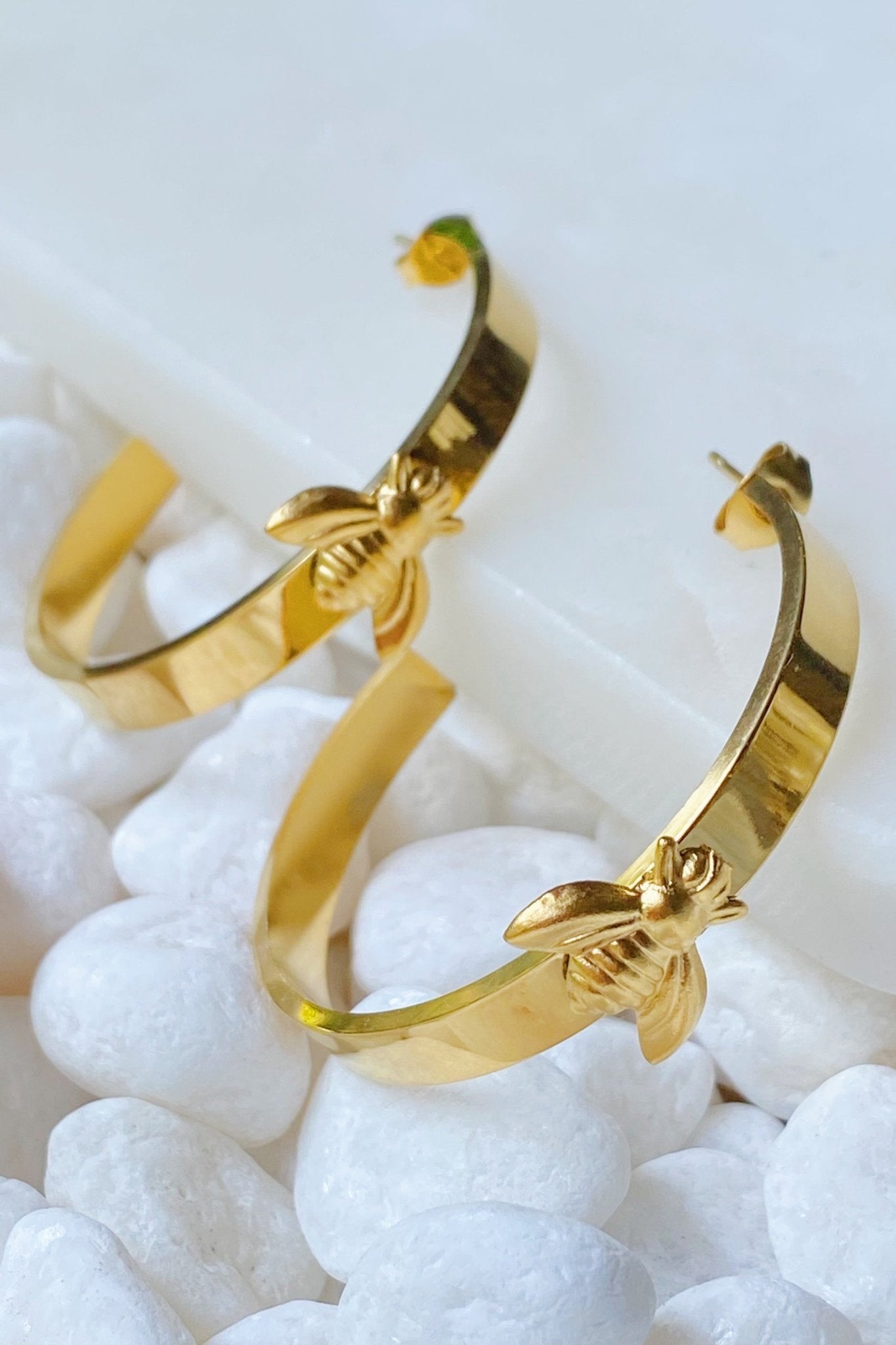 Gold Bee Hoop Earrings – 18K Gold Plated, Hypoallergenic Hoops - Orvayla LLC
