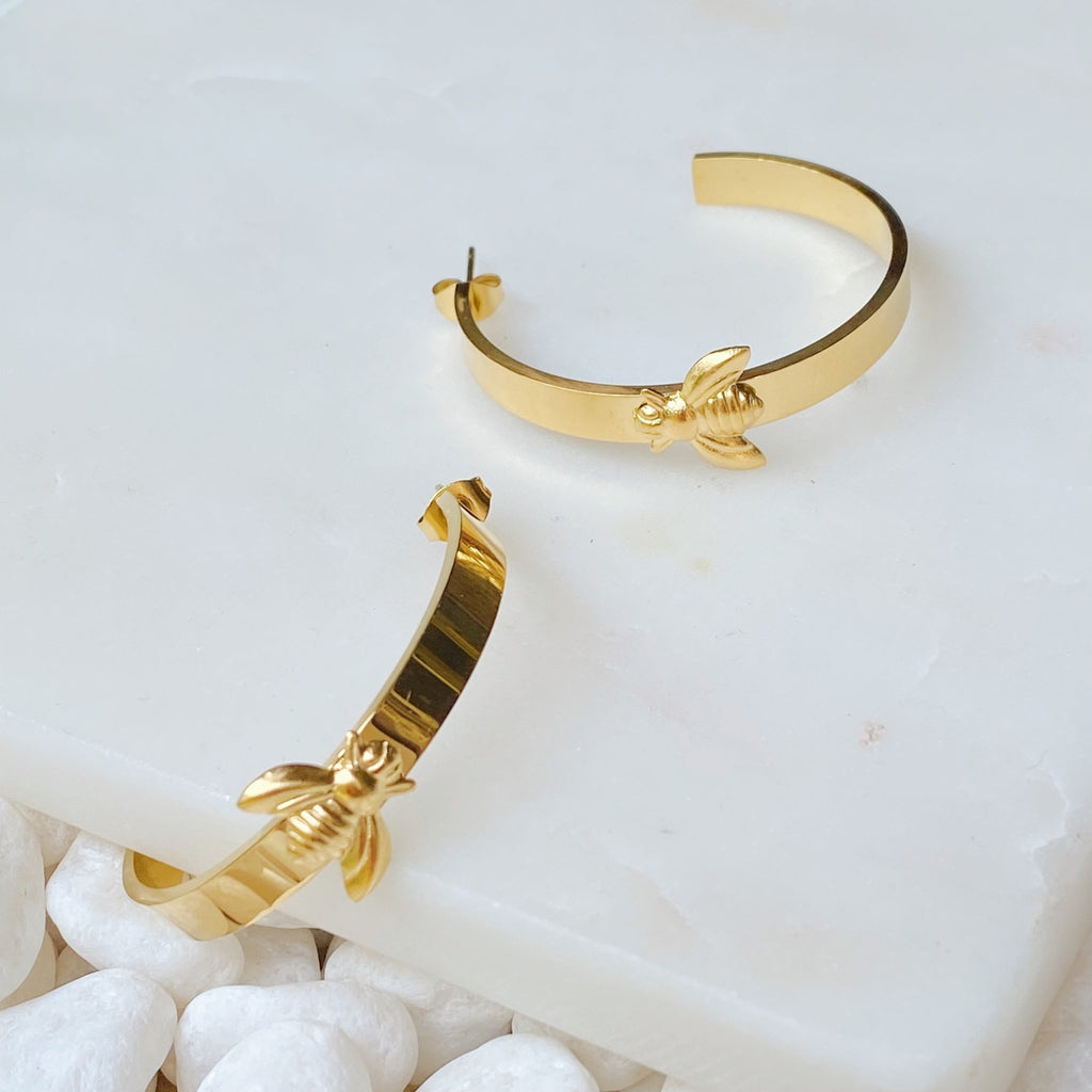 Gold Bee Hoop Earrings – 18K Gold Plated, Hypoallergenic Hoops - Orvayla LLC